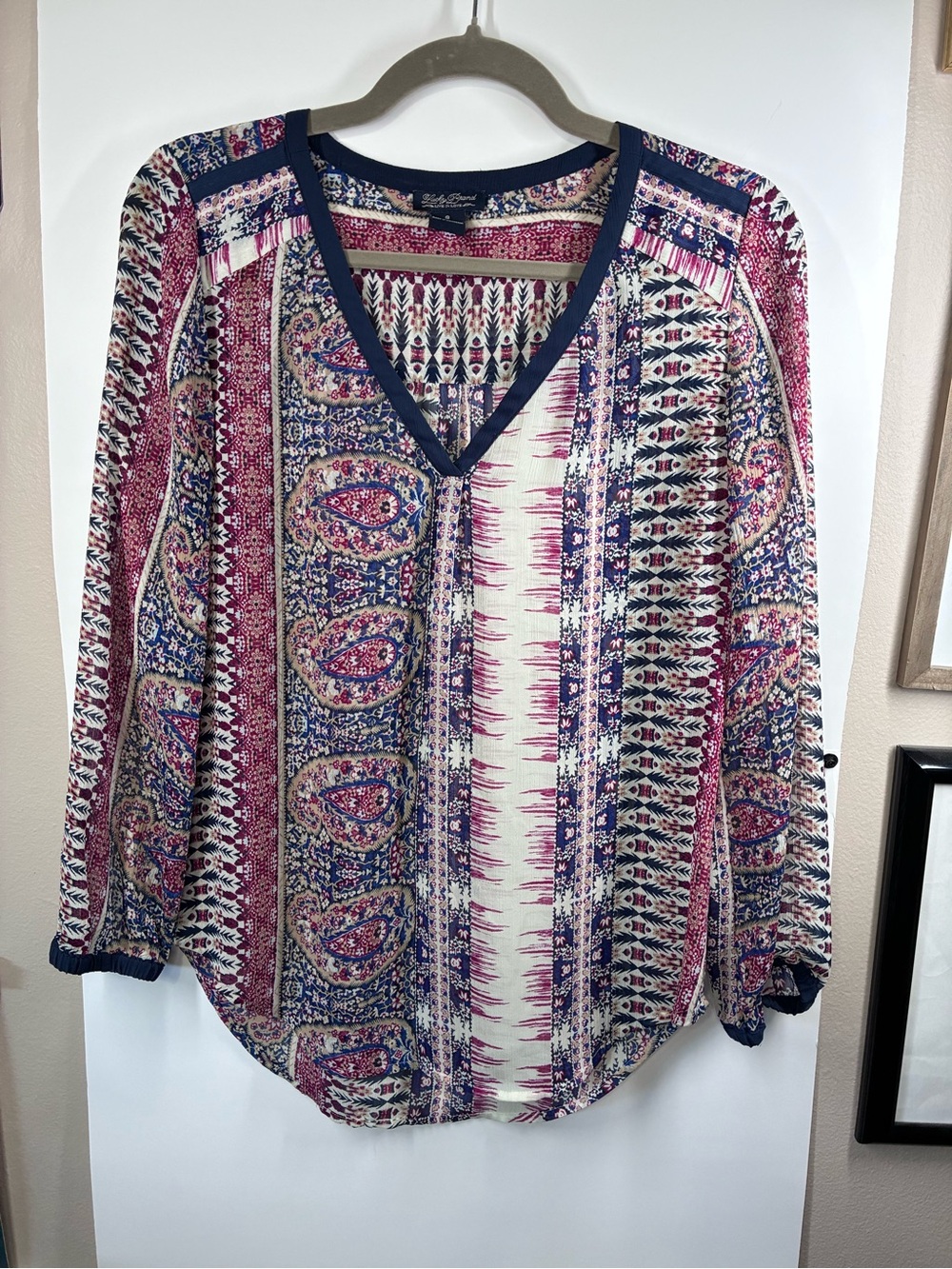Lucky Brand Women's Small Boho Paisley Patchwork Print V-Neck Blouse